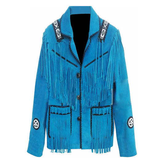 Native American Beaded Blue Suede Leather Jacket for Men PWJ2630