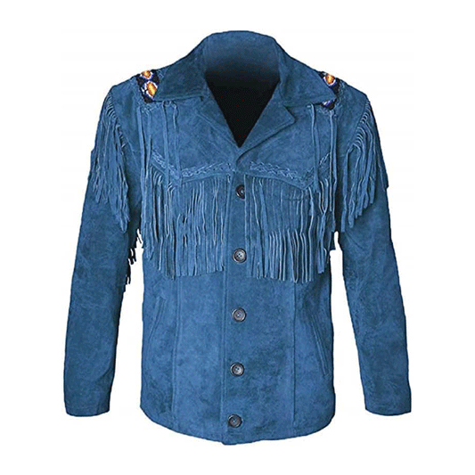 Native American Beaded Blue Suede Leather Jacket for Men PWJ2650