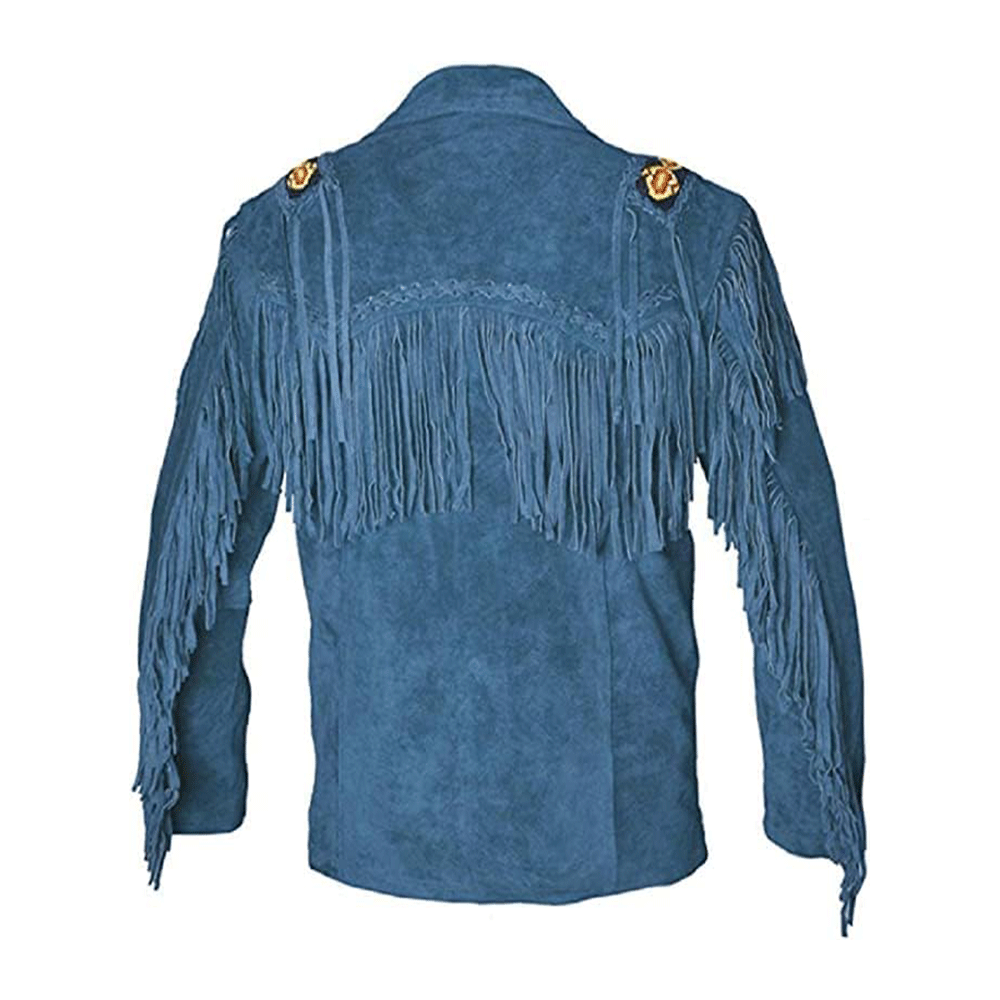 Native American Beaded Blue Suede Leather Jacket for Men PWJ2650