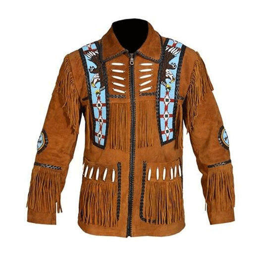 Native American Eagle Beaded Suede Leather Jacket for Men PWJ1210