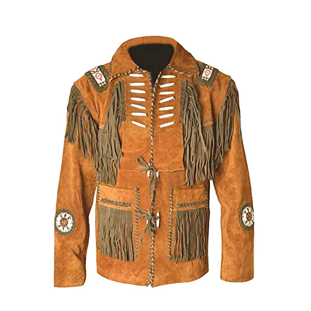 Native American Bone Beaded Suede Leather Jacket for Men PWJ1330