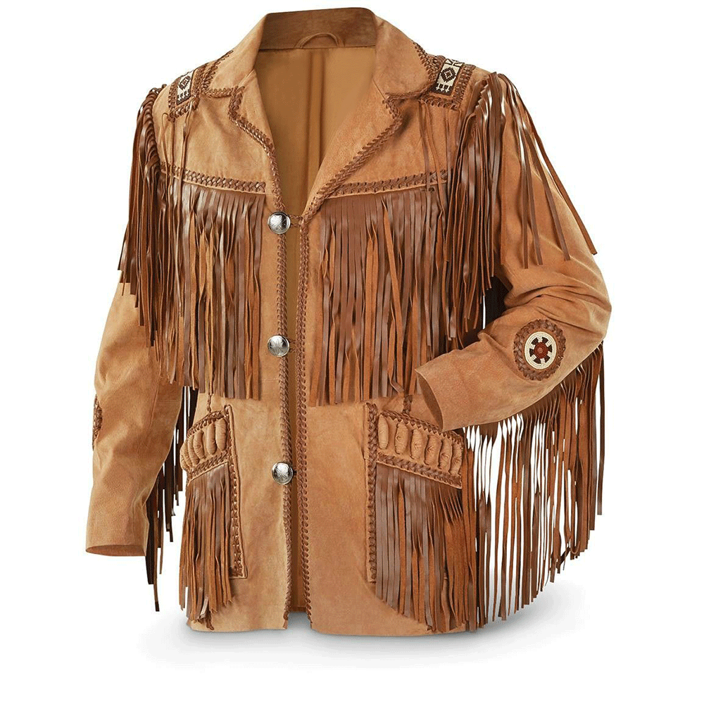 Native American Beaded Beige Leather Jacket for Men PWJ2200