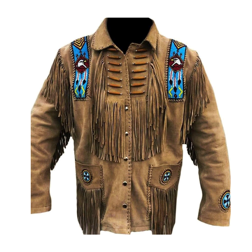 Native American Eagle Beaded Suede Leather Jacket for Men PWJ1300