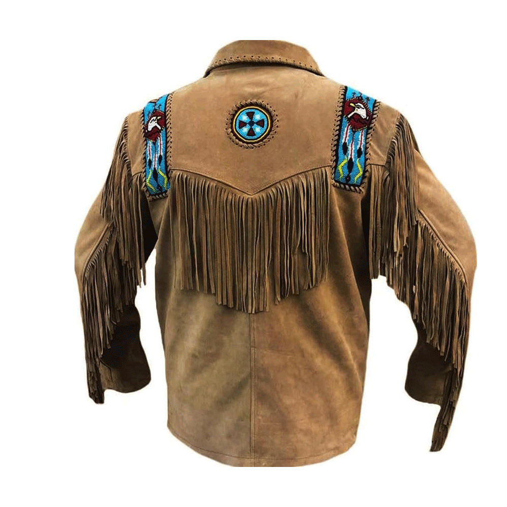 Native American Eagle Beaded Suede Leather Jacket for Men PWJ1300