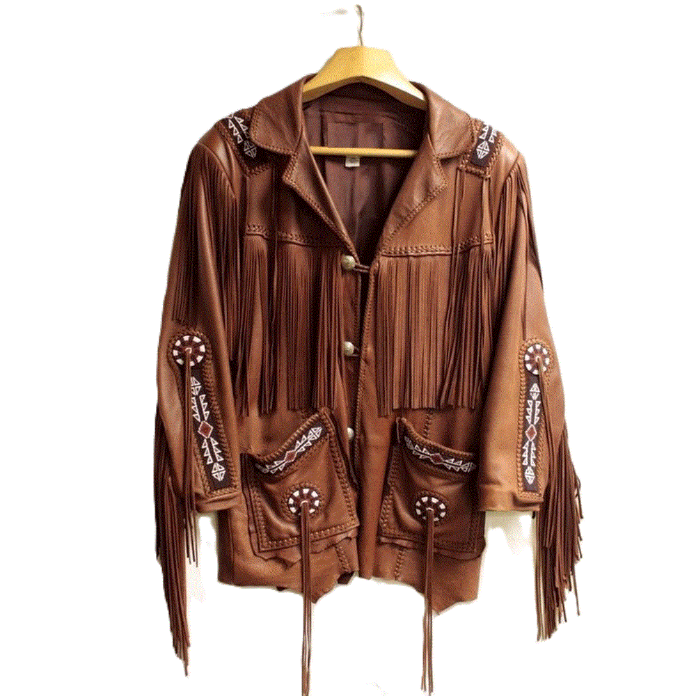 Native American Beaded Brown Leather Jacket for Men PWJ1050