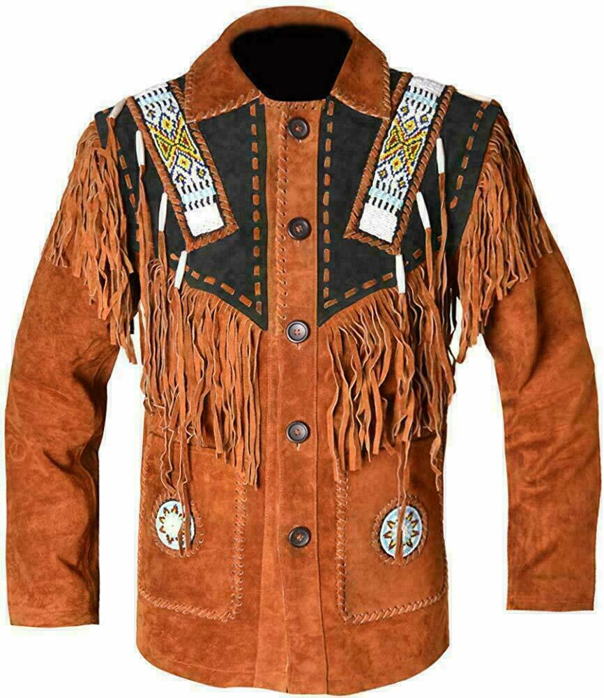 Native American Beaded Suede Leather Jacket for Men PWJ1190