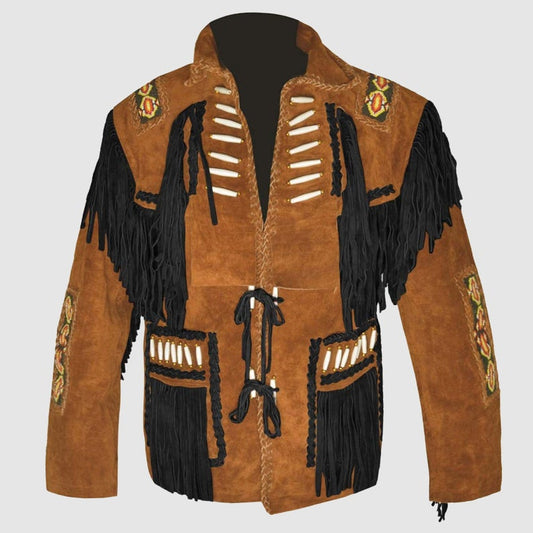 Native American Beaded Suede Leather Jacket for Men PWJ1260