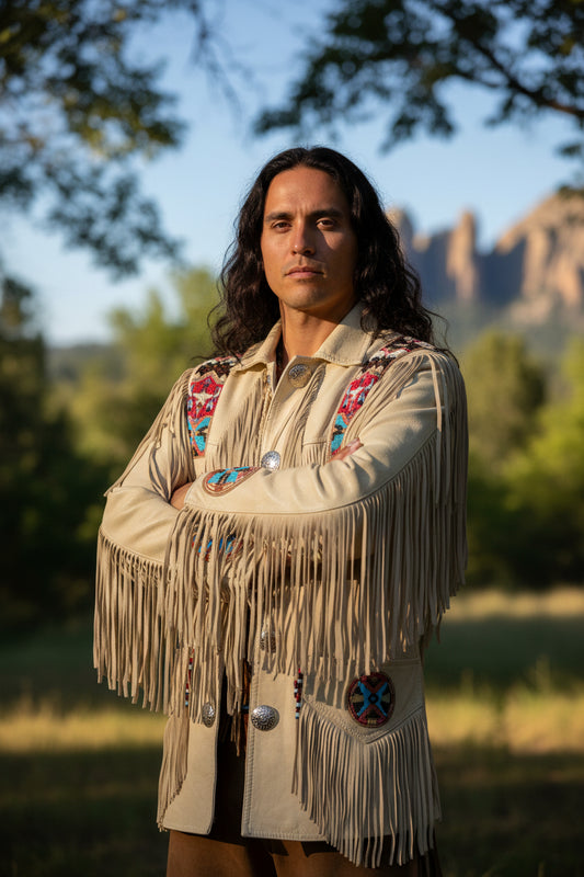 Beige leather jacket with fringe and colorful beadwork on a white background