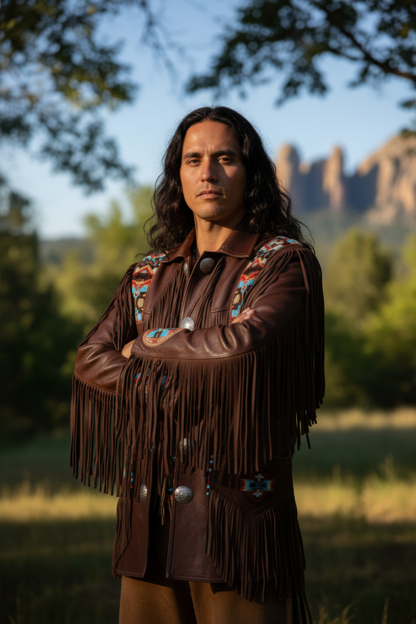 Person wearing a traditional fringed powwow jacket with a scenic background