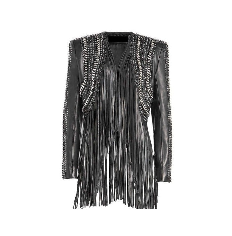 Black Leather Long Fringe Silver Chains Crop Top Jacket For Women WJ713