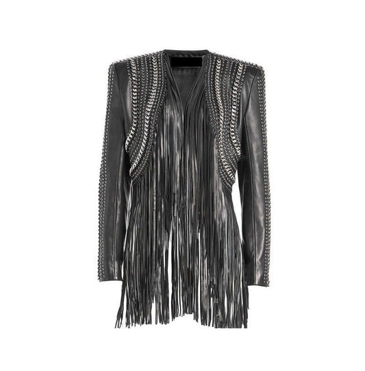 Black Leather Long Fringe Silver Chains Crop Top Jacket For Women WJ713