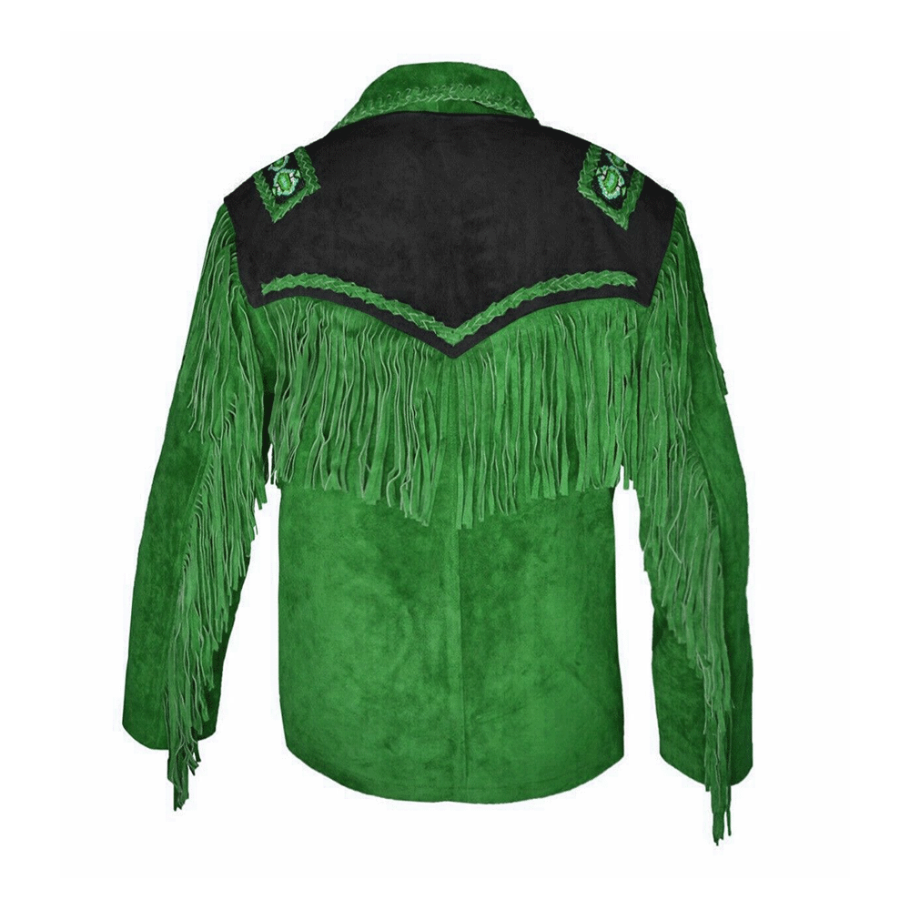 Native American Beaded Green Suede Leather Jacket for Men PWJ2570