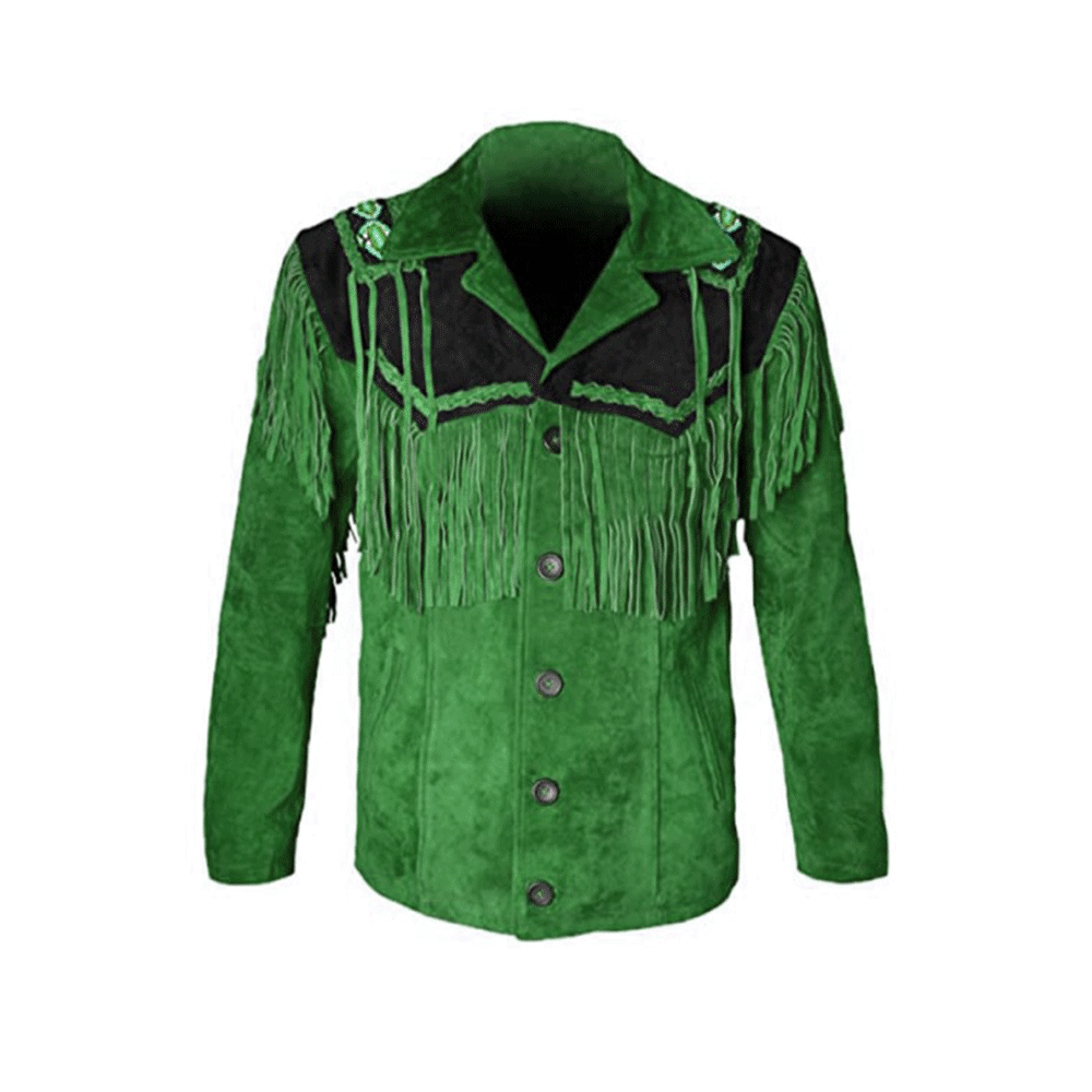 Native American Beaded Green Suede Leather Jacket for Men PWJ2570