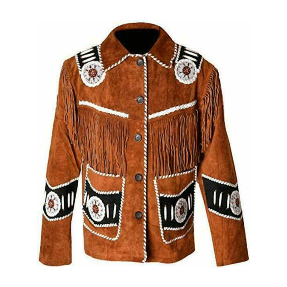 Native American Beaded Suede Leather Jacket for Men PWJ1220