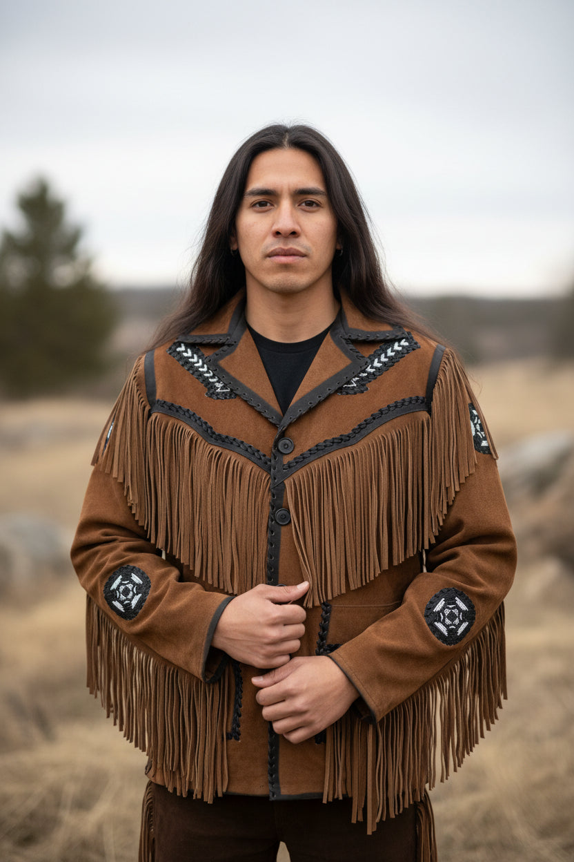 Brown suede jacket with fringes and Native inspired arrow beaded on a white background
