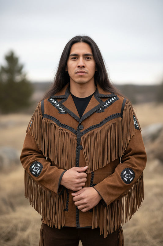 Brown suede jacket with fringes and Native inspired arrow beaded on a white background