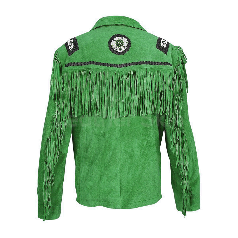 Native American Beaded Green Suede Leather Jacket for Men PWJ2550