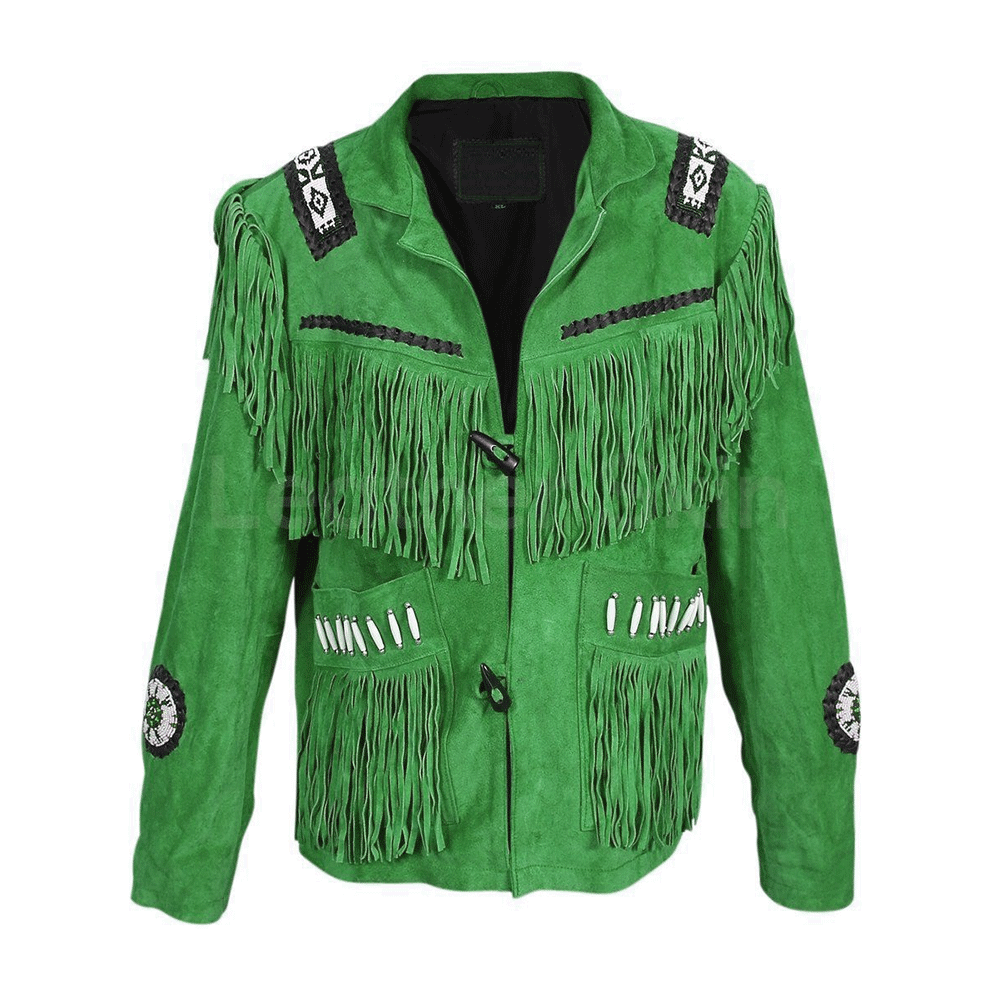 Native American Beaded Green Suede Leather Jacket for Men PWJ2550