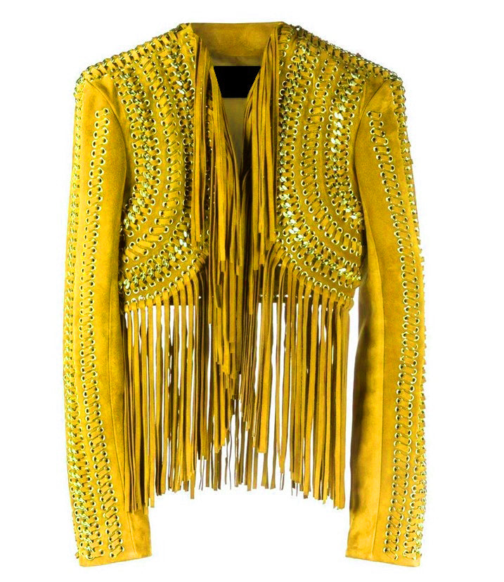 Black Leather Long Fringe Silver Chains Crop Top Jacket For Women WJ713