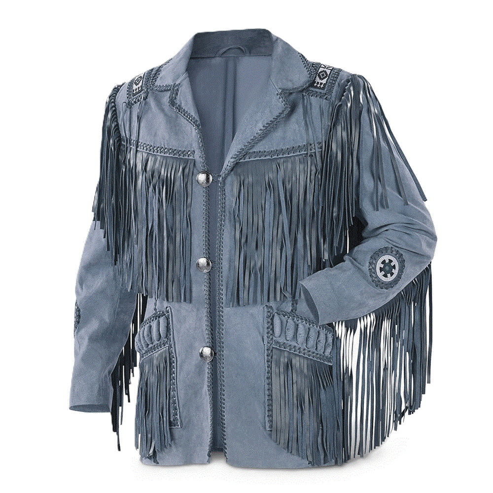 Native American Beaded Gray Suede Leather Jacket for Men PWJ2660