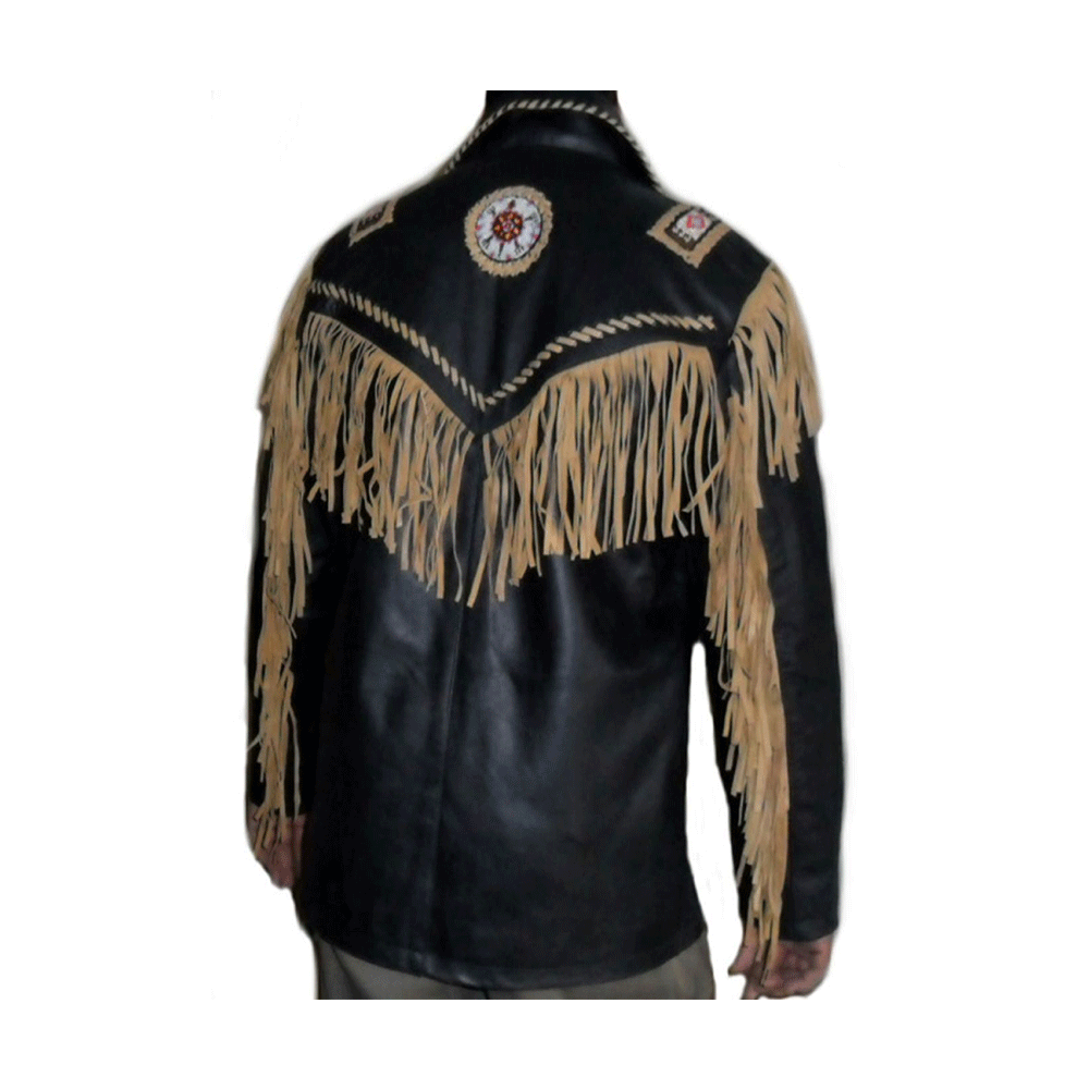 Native American Beaded Black Leather Jacket for Men PWJ1580