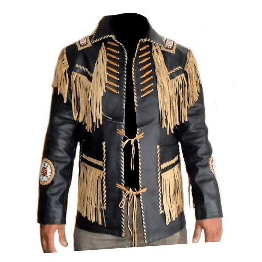 Native American Beaded Black Leather Jacket for Men PWJ1580