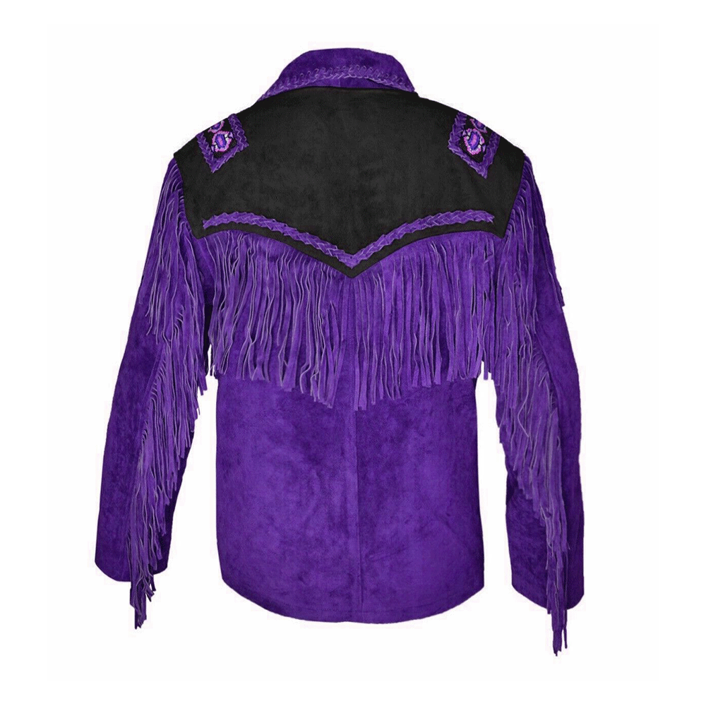 Native American Beaded Purple Suede Leather Jacket for Men PWJ2680