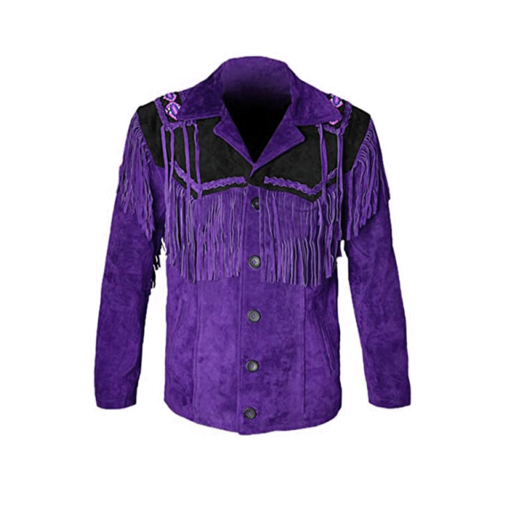 Native American Beaded Purple Suede Leather Jacket for Men PWJ2680