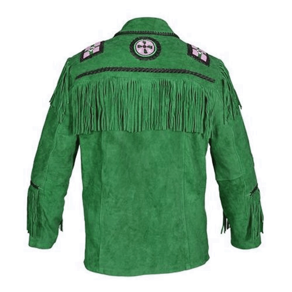 Native American Eagle Beaded Green Suede Leather Jacket for Men PWJ1770