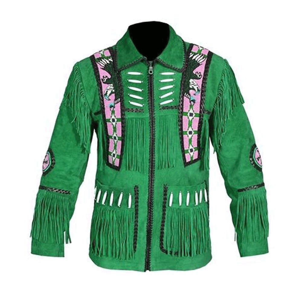 Native American Eagle Beaded Green Suede Leather Jacket for Men PWJ1770