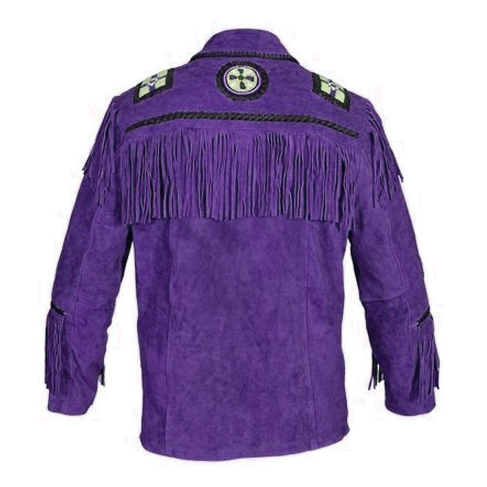 Native American Eagle Beaded Purple Suede Leather Jacket for Men PWJ2670