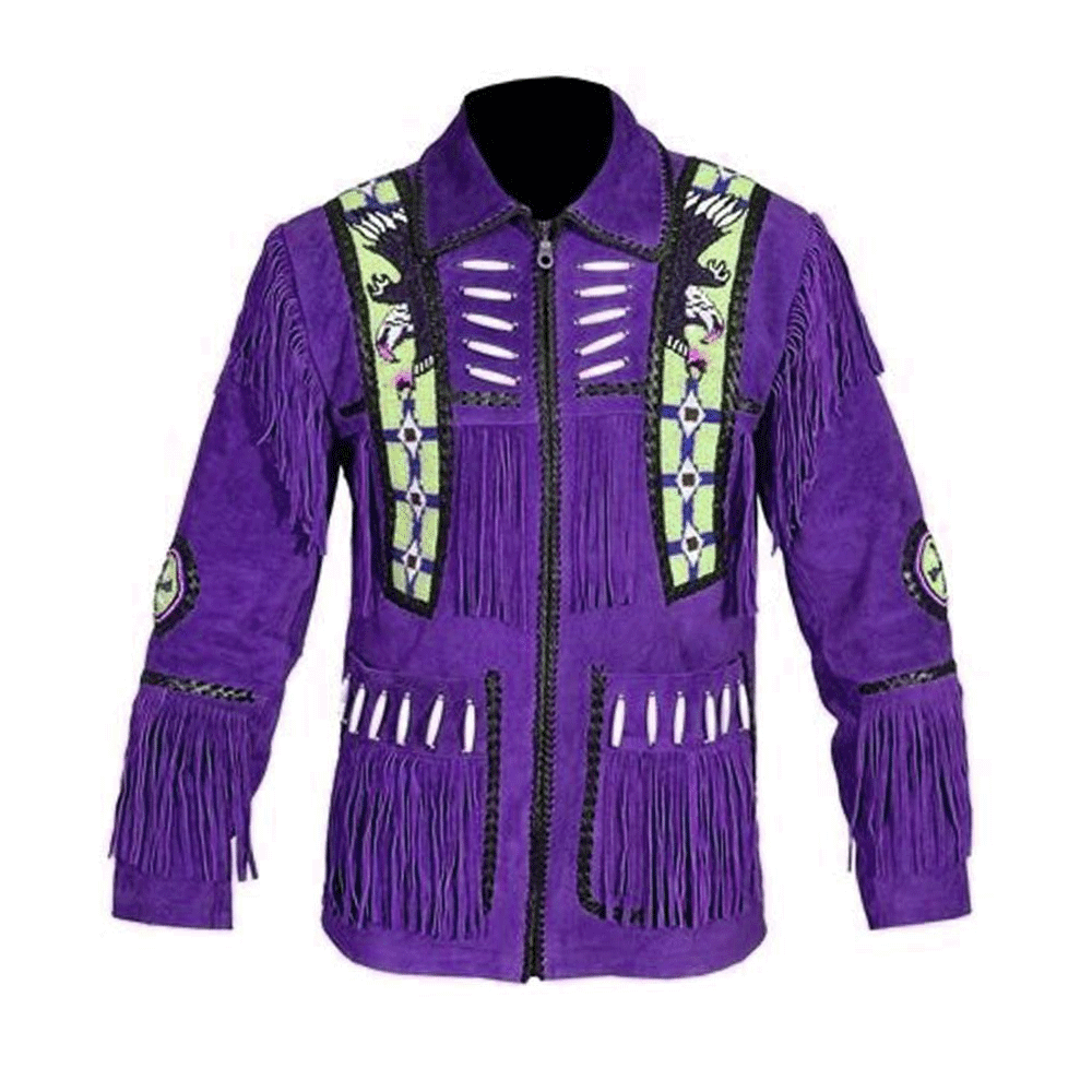 Native American Eagle Beaded Purple Suede Leather Jacket for Men PWJ2670