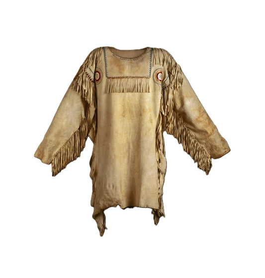 Brown fringed Mountain Man Buckskin garment on a white background