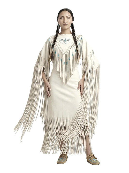 Native American Woman's White Leather Dress Powwow Regalia PWD7012
