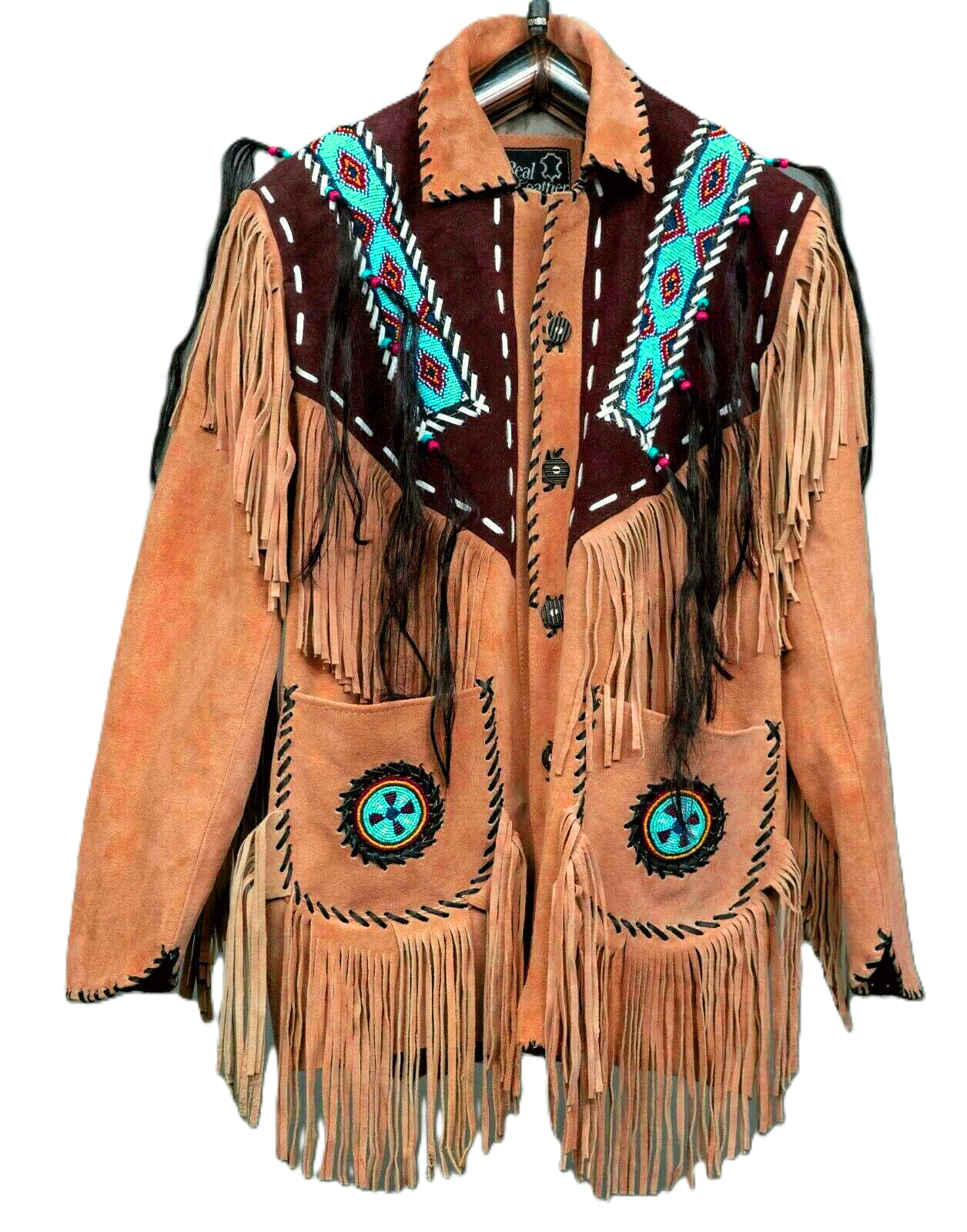 Native American Beaded Brown Suede Leather Jacket for Men PWJ2071