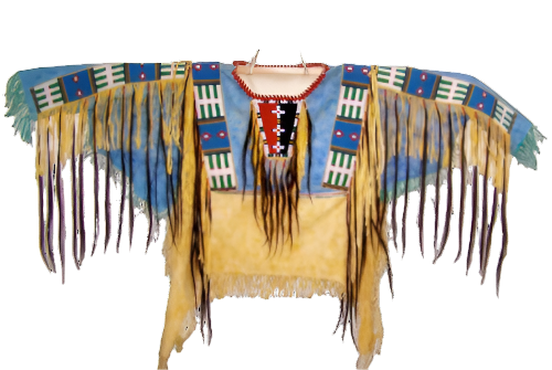 Colorful Native American headdress with fringes on a white background