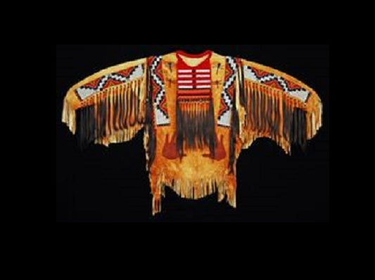 Traditional Native American headdress with intricate patterns and fringes on a black background