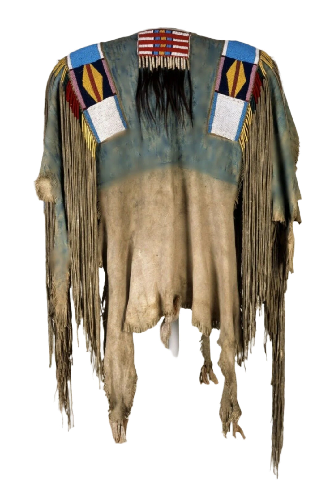 Traditional Native American headdress with fringes and colorful patterns on a neutral background