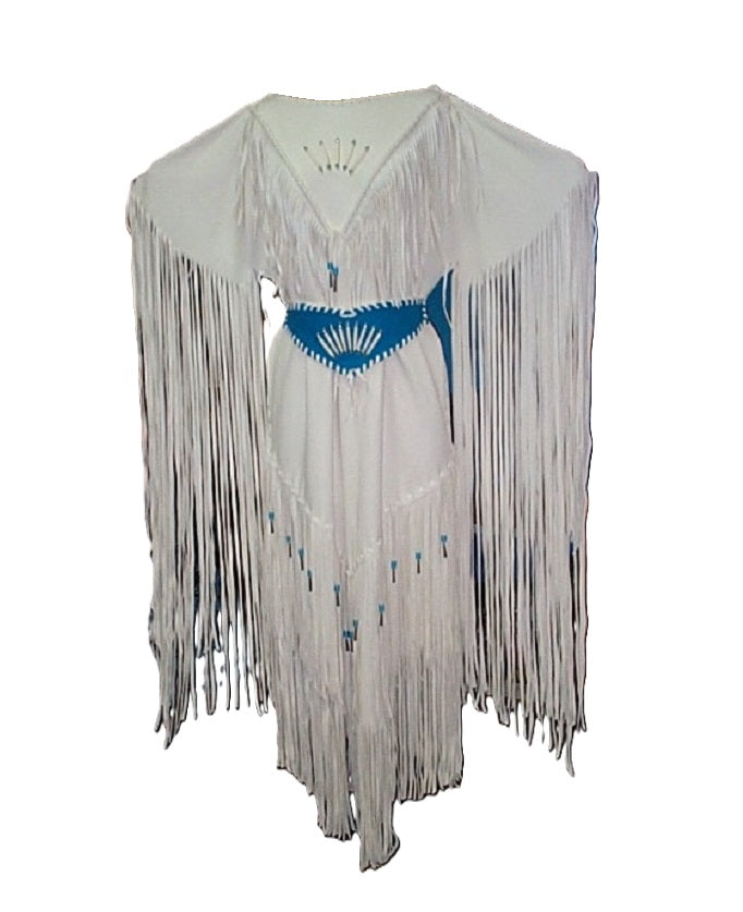 White fringe garment with blue accents on a white background
