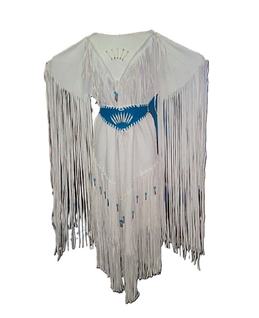 White fringe garment with blue accents on a white background