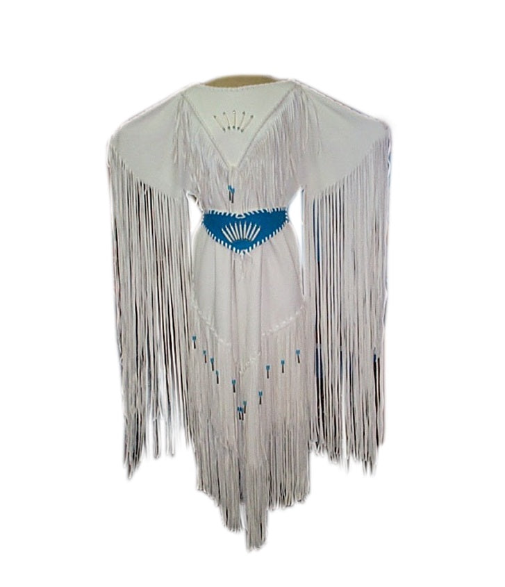 White fringe garment with blue accents on a white background