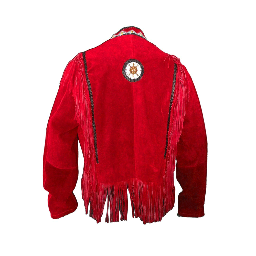 Native American Beaded Red Suede Leather Jacket for Men PWJ2430