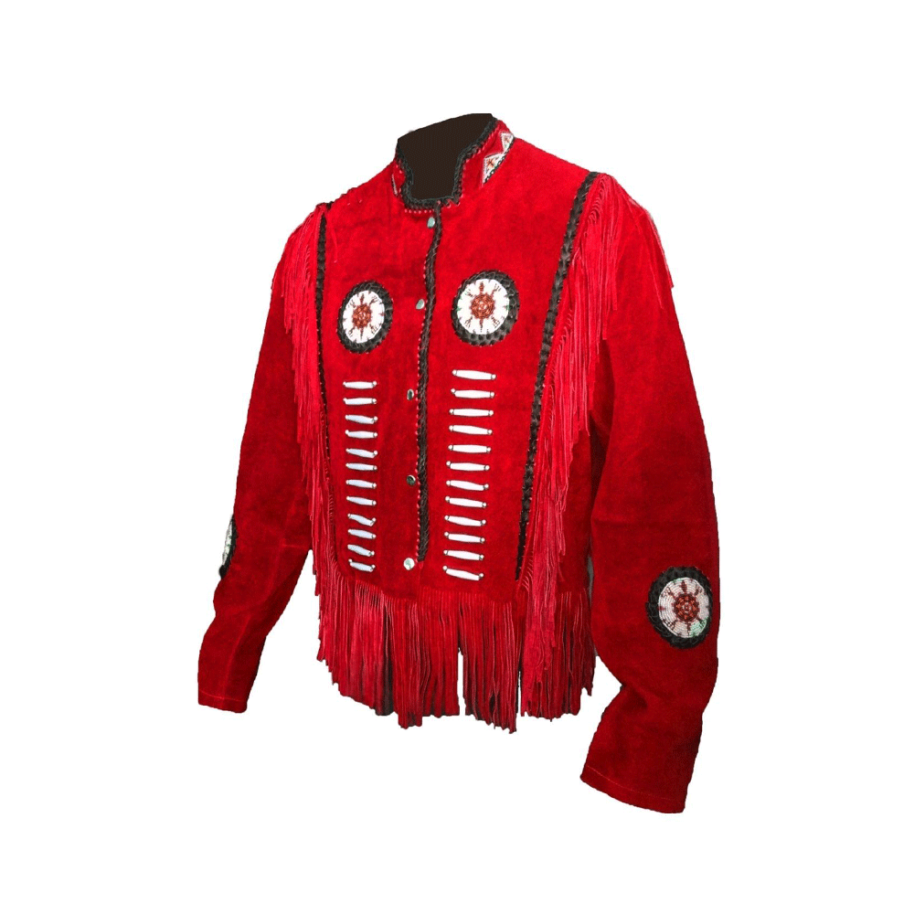 Native American Beaded Red Suede Leather Jacket for Men PWJ2430