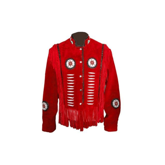 Native American Beaded Red Suede Leather Jacket for Men PWJ2430