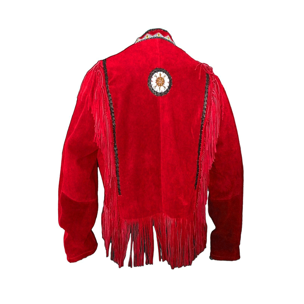 Native American Beaded Red Suede Leather Jacket for Men PWJ2430