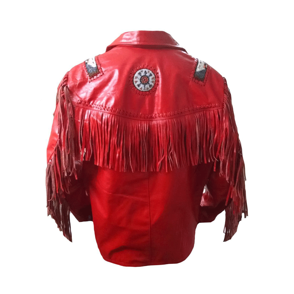 Native American Beaded Red Leather Jacket for Men PWJ2450