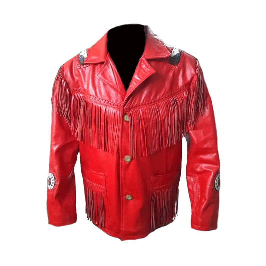 Native American Beaded Red Leather Jacket for Men PWJ2450