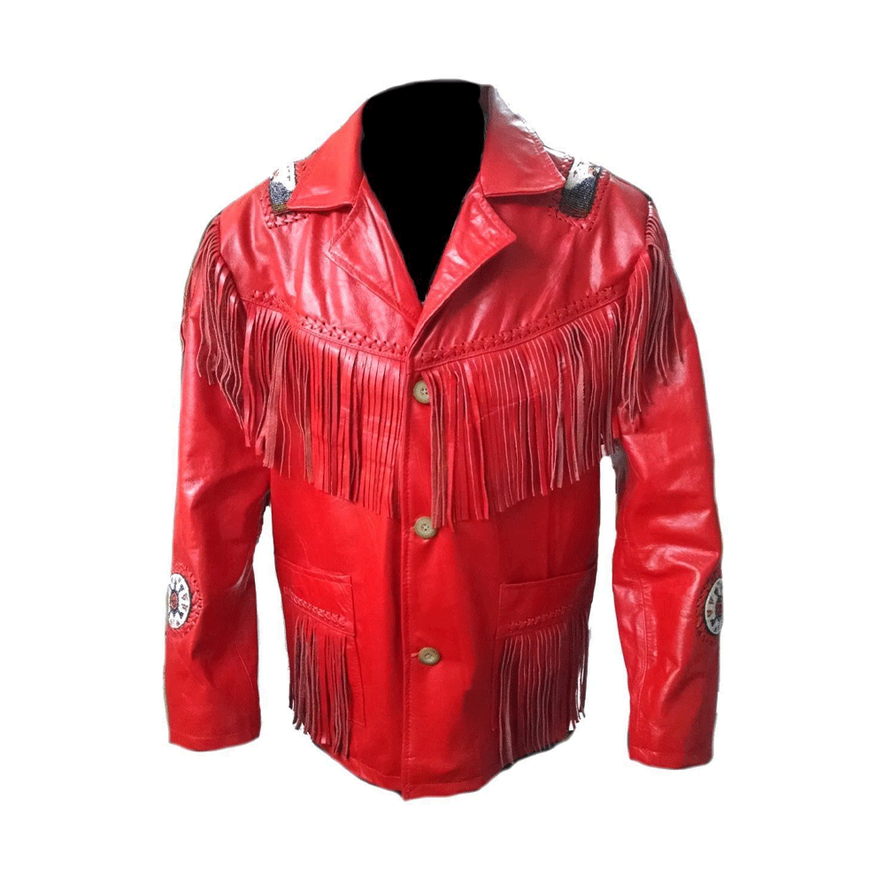 Native American Beaded Red Leather Jacket for Men PWJ2450