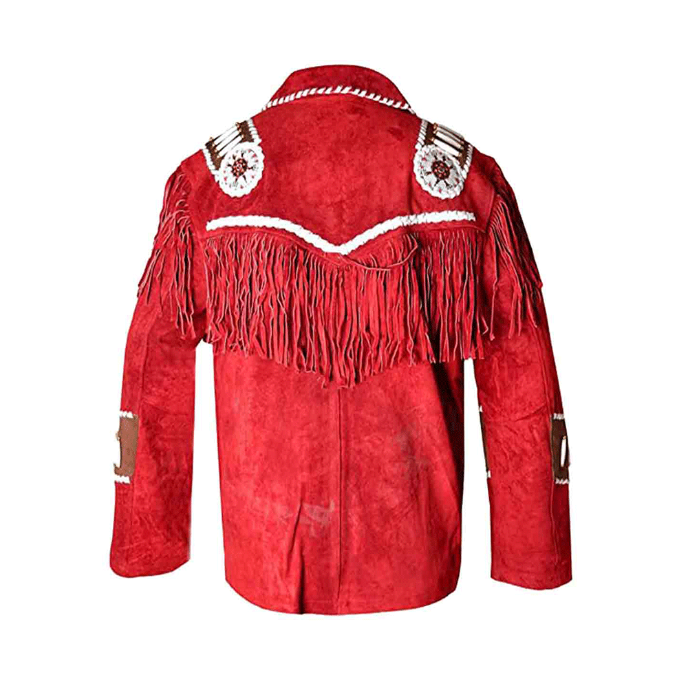 Native American Beaded Red Suede Leather Jacket for Men PWJ2470