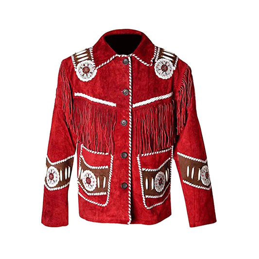 Native American Beaded Red Suede Leather Jacket for Men PWJ2470